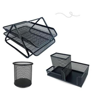 Imagem de Kit Escritório Organizador Bandeja Porta Lápis Lixo Preto - Markys Sto