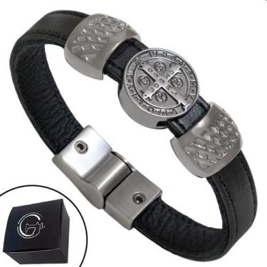 Imagem de Pulseira de Couro Masculina Slim Magnética Oração de São Bento Preto -