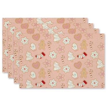Imagem de Jogo americano rosa de Natal, conjunto de 4, petiscos de Natal de gengibre, tapetes de mesa fofos de Natal para cozinha, mesa de jantar, decoração de festa de inverno 40 x 29 cm