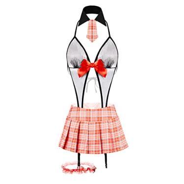 Imagem de LINGERLOVE Lingerie feminina escolar para cosplay sexy, conjunto de lingerie para dramatização, body de pelúcia, fantasia, uniforme laranja, Laranja, M