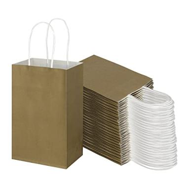Imagem de Toovip Pacote com 100 Sacos de Papel Kraft Dourados Pequenos de 13,5 x 8,25 cm com Alças, Sacos de Embrulho para Lembrancinhas, Compras, Negócios, Artesanato, Sacolas para Filhotes
