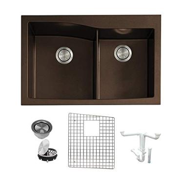 Imagem de Transolid K-GTDW3322-12 Genova SilQ Granite Dual-Mount Offset Double Bowl Kitchen, incluindo pia, grade, coador de triturador e kit de instalação, 83,8 cm C x 56 cm L x 25,4 cm A, expresso