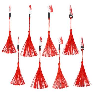 Imagem de GOMAKERER 8 peças, 4 estilos, marcadores de página de respingos de sangue, tema de Halloween, borlas, pingente de acrílico, cutelo, motosserras, marcadores de livro para artesanato, amantes de livros,