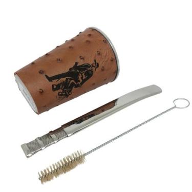 Imagem de Kit tereré cuia copo redondo alumínio revestido de couro modelo avestr