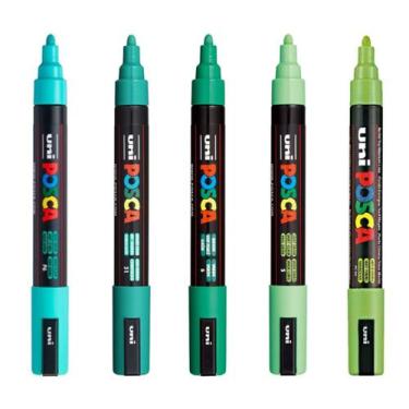 Imagem de Kit 5 Posca PC-5M Verde,Claro, Esmeralda,Vd Água, Maçã Verde - Uni-bal