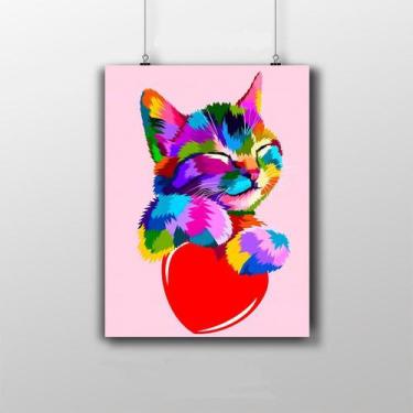 Imagem de Placa Decorativa Gato Colorido - Coração - Artesanal