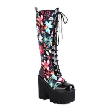 Imagem de Rock88 Botas de cano alto plataforma com estampa floral, calçado feminino estilo urbano com salto grosso, botas com zíper lateral para festa, Preto, 42