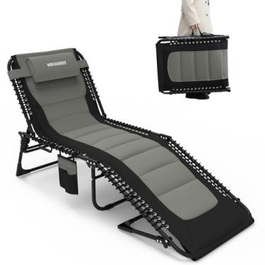 Imagem de WKFAMOUT Espreguiçadeira dobrável de tamanho grande acolchoada para adultos, 800 m, espreguiçadeira, para uso externo, cadeira de praia reclinável ajustável de 5 posições com bolso para travesseiro