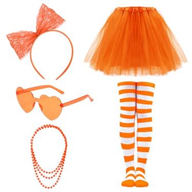 Imagem de Ewaycom Conjunto de acessórios de fantasia de tutu laranja feminino, 4 camadas, tule, saia de tutu, coração, laço, faixa de cabeça, colar e estoque listrado para mulheres, dia dos namorados, cosplay,