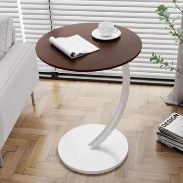 Imagem de Mesa lateral pequena para espaços pequenos com almofadas silenciosas feita de MDF + metal, mesas laterais modernas para varanda, janelas de sacada, fácil de instalar, 8 cores, marrom + branco