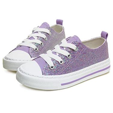 Imagem de Toandon Meninas crianças tênis glitter lantejoulas sapatos de lona criança criança glitter brilho baixo top rendas até antiderrapante leve caminhada ao ar livre roxo tamanho 3