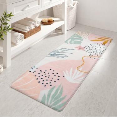Imagem de Uphome Tapete de corredor de banheiro rosa botânico longo tapete de banho antiderrapante moderno boho tapete de banho macio de veludo lavável à máquina tapetes de chão design estético para banheiro