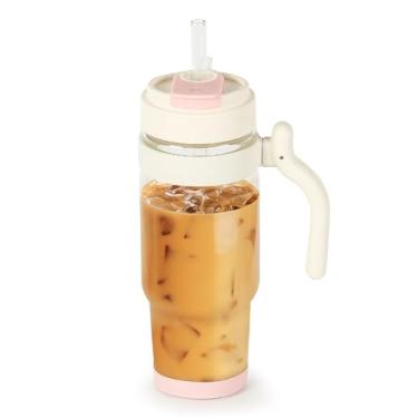 Imagem de Nefeeko Copo de vidro de 946 ml com tampa, canudo e alça, copo de boca larga sem chumbo para café gelado, smoothie, água - perfeito para escritório, casa, dirigir e presentes, cabe em porta-copos