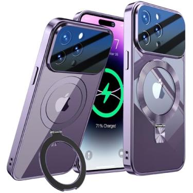 Imagem de [Proteção total da lente da câmera + anel de CD compatível com suporte MagSafe] Capa magnética para iPhone 14 Pro, proteção contra quedas de nível militar galvanizada, não amarela, capa transparente