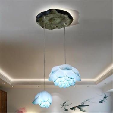 Imagem de OUFULA Luminária pendente de lótus contemporânea chinesa retrô criatividade sala de estar restaurante quarto villa hotel decoração led lustre (Blue 2 lights)