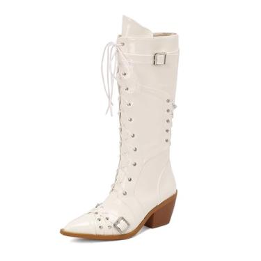 Imagem de Rock88 Botas femininas até o joelho, botas de cadarço com detalhes de fivela e salto grosso, botas altas com zíper lateral para clube e festa, branca, 36