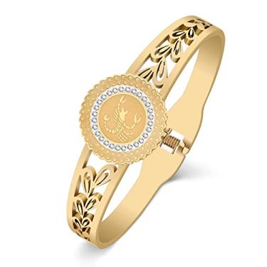 Imagem de NEWEI Linda pulseira do zodíaco de aço inoxidável banhado a ouro 18 k com signos do zodíaco para mulheres, presente de aniversário do zodíaco (ouro escorpião), Medium, Aço inoxidável, Pedra preciosa