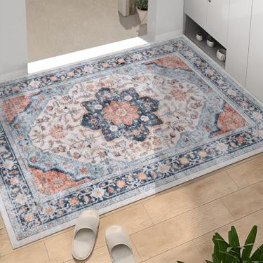 Imagem de Dotiiorug Boho Tapete lavável para entrada, 5 x 7 cm, tapete antiderrapante para uso interno, cozinha, sala de jantar, macio, resistente a manchas, bege, laranja/azul