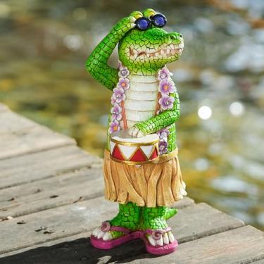 Imagem de TOLIMI Estátua havaiana de jardim de jacaré com guirlanda floral de LED - decoração tropical divertida ao ar livre, estatueta de crocodilo de resina em saia de hula para quintal, pátio ou casa