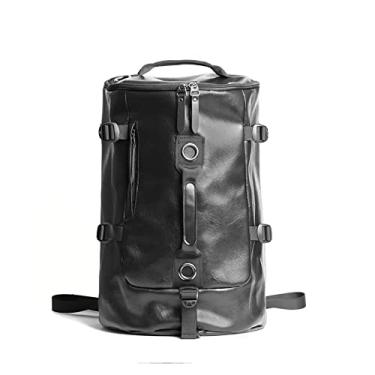 Imagem de Mochila masculina de lona e couro Mochila de viagem ao ar livre para homens Bolsas de mão de grande capacidade Mochila escolar(PU Black)