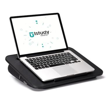 Imagem de Mesa de colo, mesas de colo portáteis com almofada lavável, serve para laptop de até 15,6 polegadas, suporte para laptop com borda de dispositivo e suporte de telefone, para escritório em casa, cama,