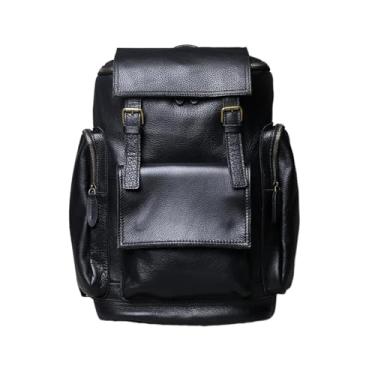Imagem de Mochila retrô de couro genuíno para homens, mochila de viagem de couro de vaca de grande capacidade para laptop(Black)