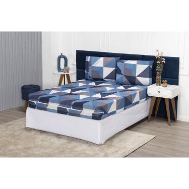 Imagem de Capa Colchão Queen 30cm + Fronhas Protetor com Zíper Malha Gel Grossa Estampa 26 Azul