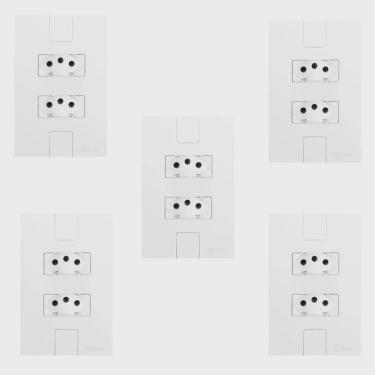 Imagem de Cinco Conjuntos com 2 Tomadas 2p + t 20A 250v, Modular, com Placa 4x2 Branco