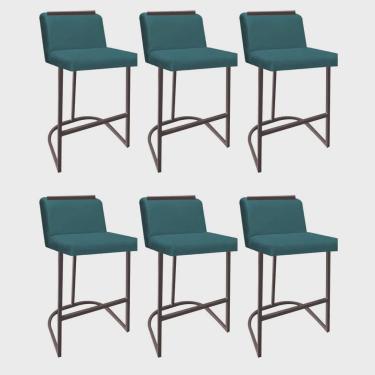 Imagem de Kit 06 Banquetas Com Encosto Ninna Bistrô Cozinha Aplique Ferro Marrom Suede Azul Turquesa - Ahz Móveis
