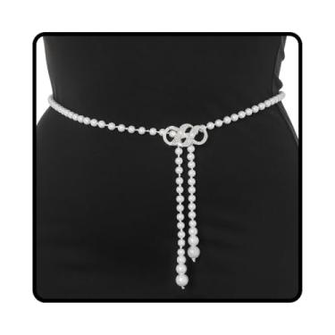 Imagem de Wriidy Cinto de pérola branco feminino Wasit corrente ajustável plus size cintos acessórios para o corpo para vestido, 45 inches, Metal não precioso, Sem Pedra Preciosa