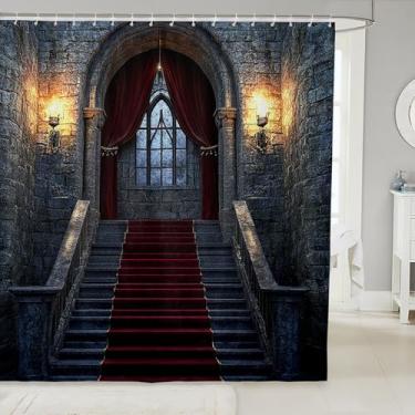 Imagem de Feelyou Cortina de chuveiro para escadas, 183 x 183 cm, cortina de banho para parede de tijolos, para meninos, meninas, adolescentes, castelo, entrada, banheiro, chuveiro, conjunto impermeável, tapete