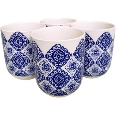 Imagem de Kit 4 Caneca de Chá Porcelana Flores Xicara Copo 150ml (Mosaico Azul)