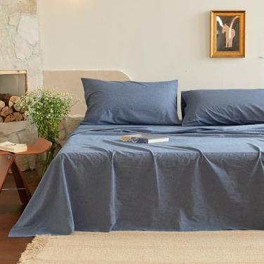 Imagem de NUMWELL Lençol de cima 100% algodão king size apenas, azul marinho, luxuoso, de algodão lavado com pedra (1 unidade), lençol de cima macio e texturizado de qualidade de hotel para todas as estações