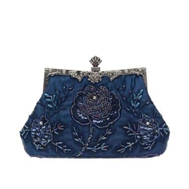 Imagem de CORIOS Bolsa vintage de 1920 com contas para noite com pérolas, bolsa de mão feminina de lantejoulas, bolsa de ombro floral, Azul, Large