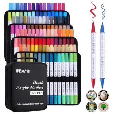 Imagem de KEMYR 120 cores (pincel + fina) canetas de tinta acrílica, marcadores de tinta acrílica de ponta dupla para papel, madeira, tela, pedra, pintura rupestre, vidro, tecido, faça você mesmo, cerâmica