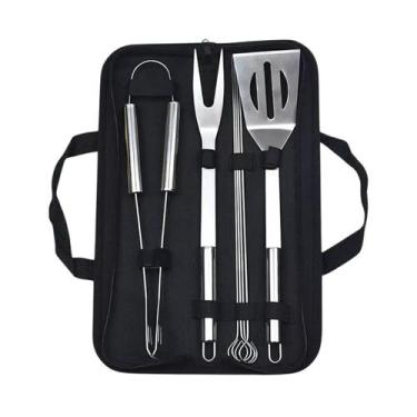 Imagem de Kit Churrasco 7Pçs Inox Garfo Espátula Pegador Espeto Estojo - Ke Home
