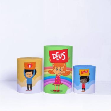 Imagem de Trio Capa Cilindro 3d Festa Infantil Sublimado Veste Fácil C/elástico 3 Palavrinhas