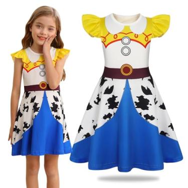 Imagem de Sukyfecde Vestidos de princesa para meninas, fantasias de Halloween, presente de Natal, aniversário, brincadeiras, roupas tamanho 4 anos (3-4 anos, azul amarelo)