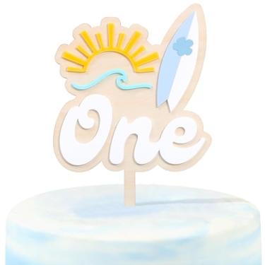 Imagem de Wood Surfboard 1st Birthday Cake Topper - Acrylic the Big One First Birthday Decor, Surf Cake Decoration, Wave Party Supplies, Surfing Cake Smash Photo Props (Blue Surfboard Cake Topper for Boys)