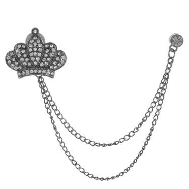 Imagem de coadipress Coroa com corrente suspensa broche para mulheres homens elegantes cavalheiros ouro prata cristal coroa lapela broche vintage strass casamento terno camisa pin acessórios, Middle, Liga de