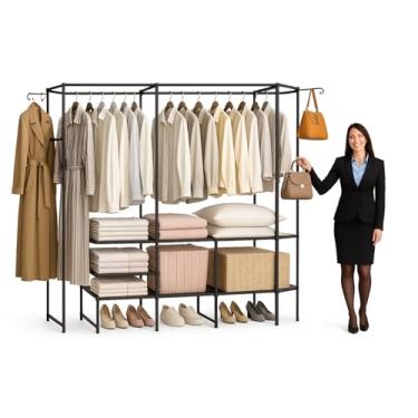 Imagem de Cabideiro Guarda Roupa Triplo com Prateleiras, Arara para Roupas com 4 Níveis, Organizador de Closet em Metal Preto