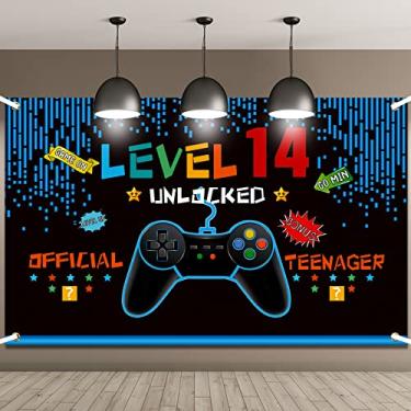 Imagem de Decorações de aniversário de videogame 10, 13, decorações de aniversário de 14 anos para meninos, tema de jogos, adereços de fotos, faixa de fundo para decoração de aniversário adolescente (nível 14)