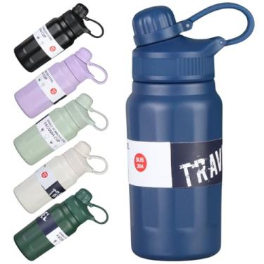 Imagem de Garrafa Térmica Estilosa de 500ml com Interior em Aço Inox 304 e Fundo Emborrachado – Ideal para Academia e Escola - Com Canudo e Alça de Transporte Resistente (Azul Escuro)