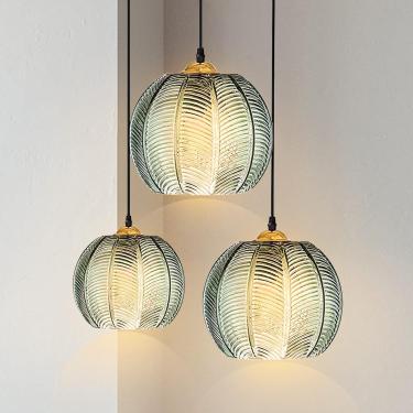 Imagem de Luminária pendente de vidro verde, lustre de 3 luzes iluminação de lustre de arte iluminação moderna de vidro verde de vidro verde pendurado luminárias para a sala de jantar de quarto da ilh