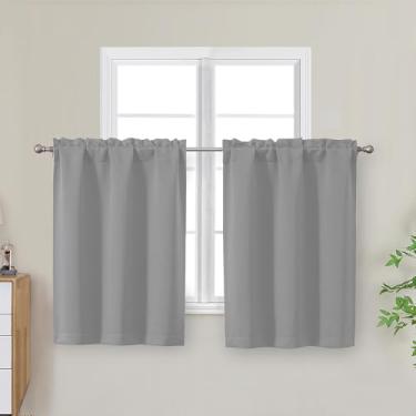Imagem de OWENIE Cortinas de cozinha cinza prata 76 cm de comprimento, pequenas cortinas blecaute com isolamento térmico camada sobre a pia, bolso para varão, meia janela para banheiro, quarto, acampamento