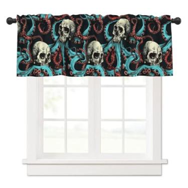 Imagem de NeuKim Cortinas de cozinha para janelas de polvo crânio e tentáculos, sanefas, bolso para varão, tratamento de janela, cortinas curtas 1 painel, 137 x 45 cm