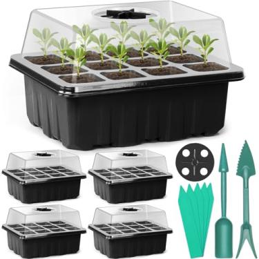 Imagem de Sfee Kit com 5 bandejas de sementes para iniciantes, 60 células para sementes com cúpula de umidade e bandejas de cultivo de estufa, bandeja reutilizável de germinação de sementes com etiquetas de ferramentas de jardim (preto)