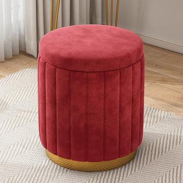 Imagem de Velvet Vanity Dobas com armazenamento, otomano redondo, descanso de pé estofado com conforto, banqueta de maquiagem do quarto para o quarto de meninas, vermelho, 34x34x44cm (13x13x17in)