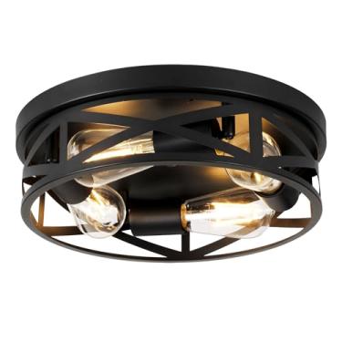 Imagem de WYNEYET Luminárias De Teto Estilo Fazenda 13", Gaiola Metal Próxima Às Luzes, 4 Montagem Embutida Vintage Para Quarto, Varanda, Cozinha, Entrada, Preta