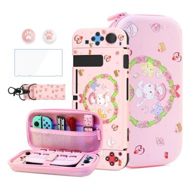 Imagem de HYPERCASE Bolsa De Viagem Para Transporte Acessórios Nintendo Switch, Capa Macia Coelho Rosa Console Ns, Protetor Tela Hd, Alça Ombro, 2 Tampinhas Kawaii Thump